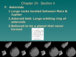 Chapter 24:  Section 4 F.  Asteroids Large rocks located between Mars & Jupiter Asteroid belt: Large orbiting ring of asteroids Believed to be a planet that never formed 