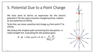 5. Potential Due to a Point Charge
We here want to derive an expression for the electric
0
potential 𝑉 for the space around a charged particle, relative
to zero potential at infinity.
Todo that, we move a positive test charge 𝑞0 from point 𝑃 to
infinity.
We choose the simplest path connecting the two points−a
radial straight line. Evaluating the dot product gives
𝑞 𝑑𝑟
𝐸 ∙ 𝑑𝑠 = 𝐸𝑑𝑠 cos 0 = 𝐸 𝑑𝑟 = .
4𝜋𝜀 𝑟2
26
 