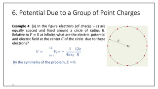 6. Potential Due to a Group of Point Charges
Example 4: (a) In the figure electrons (of charge −𝑒) are
equally spaced and fixed around a circle of radius 𝑅.
Relative to 𝑉 = 0 at infinity, what are the electric potential
and electric field at the center 𝐶 of the circle due to these
electrons?
12
𝑉 = 𝑉𝑖= −
𝑖=1
1 12𝑒
4𝜋𝜀0 𝑅
By the symmetry of the problem, 𝐸 =0.
34
 