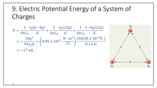 9. Electric Potential Energy of a System of
Charges
𝑈 =
4𝜋𝜀0
+ +
1 𝑞 −4𝑞 1 𝑞 2𝑞 1 −4𝑞 2𝑞
4𝜋𝜀0 𝑑 𝑑 4𝜋𝜀0 𝑑
= −
4𝜋𝜀0𝑑
= 8.99 × 1012
10𝑞2 N ∙ m2
C2
10 150 × 10−9C
0.12 m
= −17 mJ.
53
 
