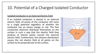 10. Potential of a Charged Isolated Conductor
Isolated Conductor in an External Electric Field
If an isolated conductor is placed in an external
electric field, all points of the conductor still come
to a single potential regardless of whether the
conductor has an excess charge or not. The free
conduction electrons distribute themselves on the
surface in such a way that the electric field they
produce at interior points cancels the external
electric field. Furthermore, the electron distribution
causes the net electric field at all points on the
surface to be perpendicular to the surface.
64
 