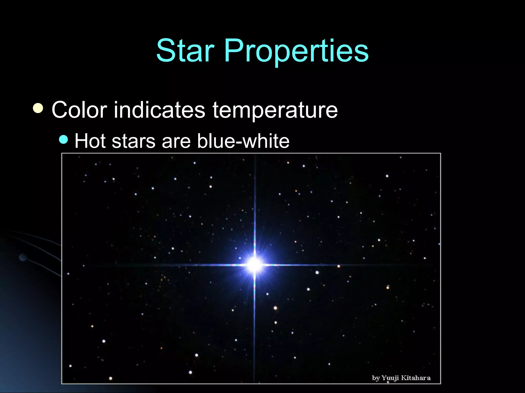 Star Properties Color indicates temperature Hot stars are blue-white