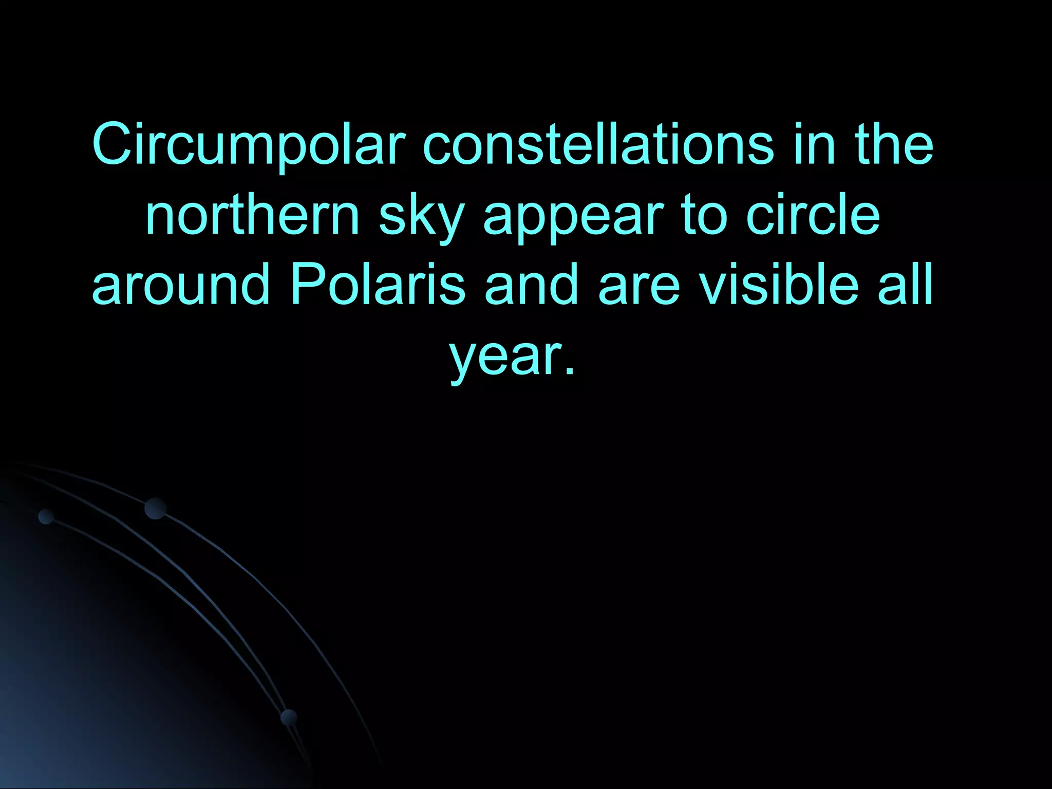 Circumpolar constellations in the northern sky appear to circle around Polaris and are visible all year.