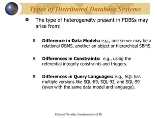 The type of heterogeneity present in FDBSs may arise from: Difference in Data Models:  e.g., one server may be a relational DBMS, another an object or hierarchical SBMS. Differences in Constraints:   e.g., using the referential integrity constraints and triggers. Differences in Query Languages:  e.g., SQL has multiple versions like SQL-89, SQL-92, and SQL-99 (even with the same data model and language).  Types of Distributed Database Systems 