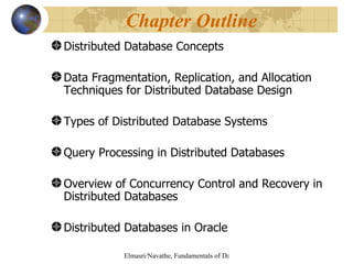 Distributed Database Concepts  Data Fragmentation, Replication, and Allocation Techniques for Distributed Database Design Types of Distributed Database Systems Query Processing in Distributed Databases Overview of Concurrency Control and Recovery in Distributed Databases Distributed Databases in Oracle Chapter Outline 