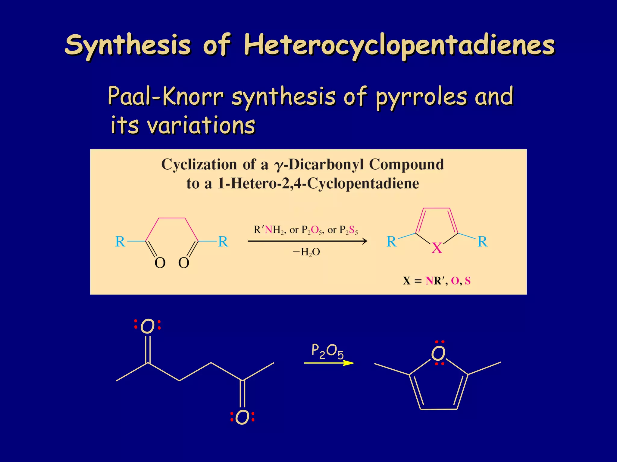 Paal-Knorr synthesis of pyrroles andPaal-Knorr synthesis of pyrroles and
its variationsits variations
Synthesis of HeterocyclopentadienesSynthesis of Heterocyclopentadienes
O
O
:
: :
O
::
:
P2O5
 
