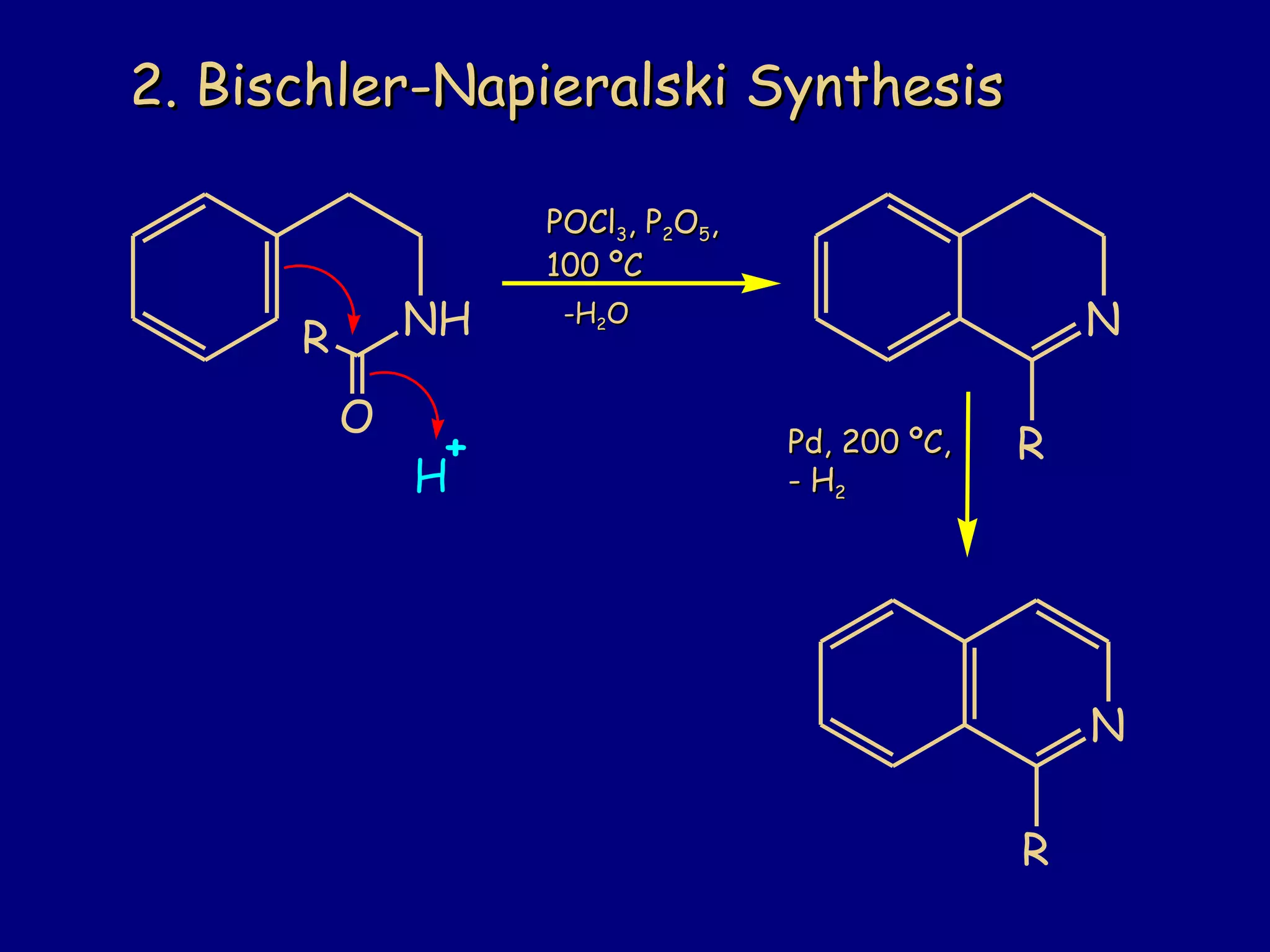 2. Bischler-Napieralski Synthesis2. Bischler-Napieralski Synthesis
POClPOCl33, P, P22OO55,,
100 ºC100 ºC
Pd, 200 ºC,Pd, 200 ºC,
- H- H22
NH
O
R
H
+
N
R
N
R
-H-H22OO
 