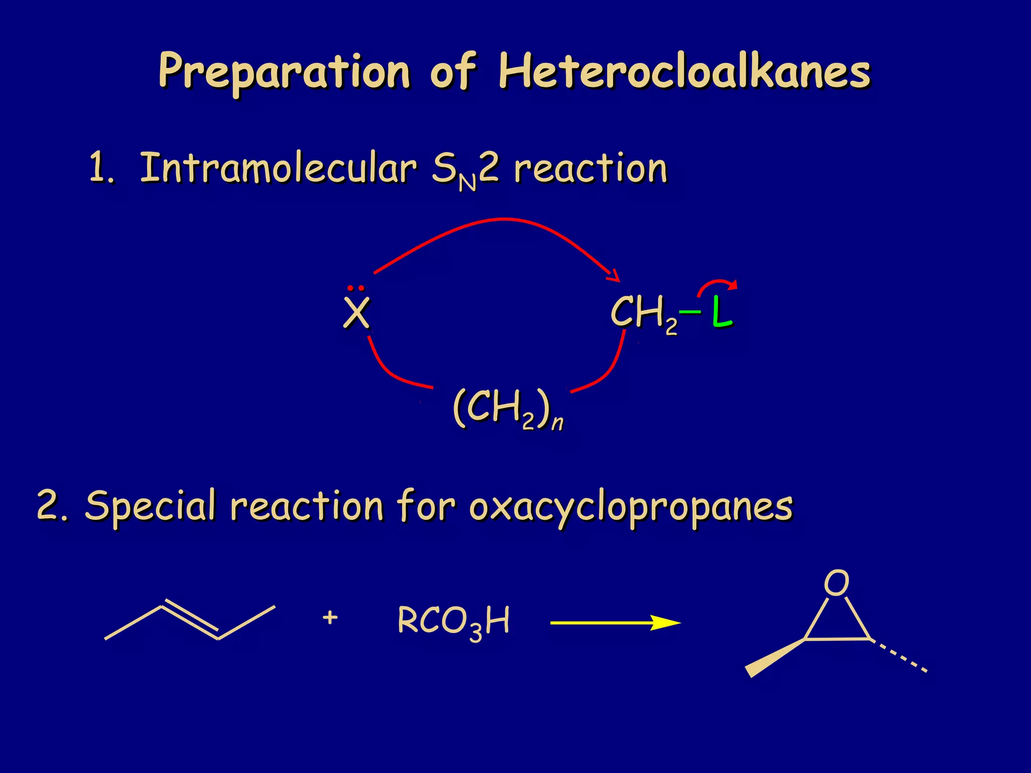 1.1. Intramolecular SIntramolecular SNN2 reaction2 reaction
XX
::
CHCH22−− LL
(CH(CH22))nn
2.2. Special reaction for oxacyclopropanesSpecial reaction for oxacyclopropanes
RCO3H+
O
Preparation of HeterocloalkanesPreparation of Heterocloalkanes
 