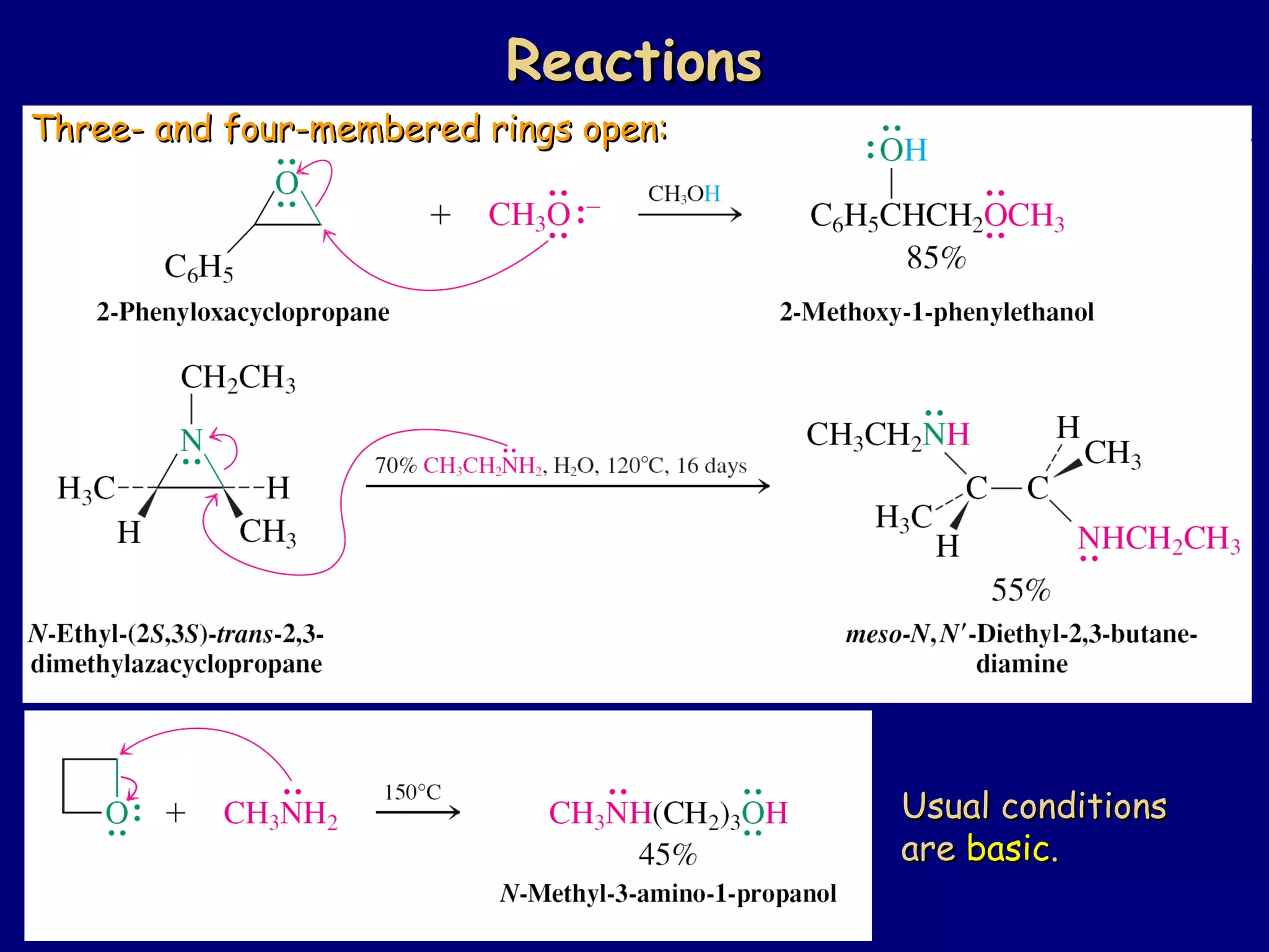 Three- and four-membered rings open:Three- and four-membered rings open:
ReactionsReactions
Usual conditionsUsual conditions
areare basicbasic..
 