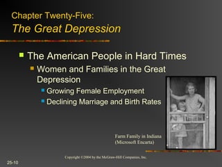 Copyright ©2004 by the McGraw-Hill Companies, Inc.
25-10
 The American People in Hard Times
 Women and Families in the Great
Depression
 Growing Female Employment
 Declining Marriage and Birth Rates
Chapter Twenty-Five:
The Great Depression
Farm Family in Indiana
(Microsoft Encarta)
 