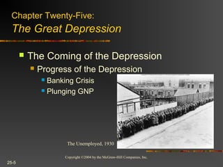 Copyright ©2004 by the McGraw-Hill Companies, Inc.
25-5
 The Coming of the Depression
 Progress of the Depression
 Banking Crisis
 Plunging GNP
Chapter Twenty-Five:
The Great Depression
The Unemployed, 1930
 