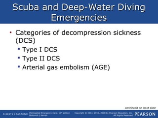 Prehospital Emergency Care, 10th
edition
Mistovich | Karren
Copyright © 2014, 2010, 2008 by Pearson Education, Inc.
All Rights Reserved
Scuba and Deep-Water DivingScuba and Deep-Water Diving
EmergenciesEmergencies
• Categories of decompression sickness
(DCS)
 Type I DCS
 Type II DCS
 Arterial gas embolism (AGE)
continued on next slide
 