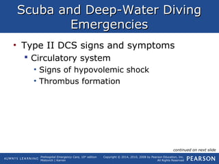 Prehospital Emergency Care, 10th
edition
Mistovich | Karren
Copyright © 2014, 2010, 2008 by Pearson Education, Inc.
All Rights Reserved
Scuba and Deep-Water DivingScuba and Deep-Water Diving
EmergenciesEmergencies
• Type II DCS signs and symptoms
 Circulatory system
• Signs of hypovolemic shock
• Thrombus formation
continued on next slide
 