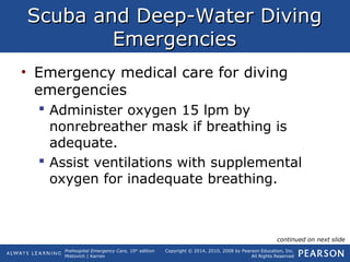 Prehospital Emergency Care, 10th
edition
Mistovich | Karren
Copyright © 2014, 2010, 2008 by Pearson Education, Inc.
All Rights Reserved
Scuba and Deep-Water DivingScuba and Deep-Water Diving
EmergenciesEmergencies
• Emergency medical care for diving
emergencies
 Administer oxygen 15 lpm by
nonrebreather mask if breathing is
adequate.
 Assist ventilations with supplemental
oxygen for inadequate breathing.
continued on next slide
 