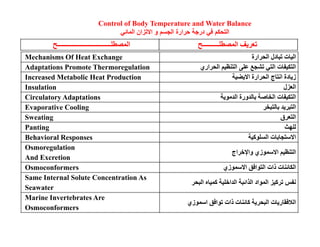 You should now be able to 
1- Explain how bear physiology adjusts during dormancy 
2- Describe four ways that heat is gained or lost by an animal 
3-Describe five categories of adaptations that help animals 
thermoregulate 
4- Compare the osmoregulatory problems of freshwater fish, 
saltwater fish, and terrestrial animals 
5- Compare the three ways that animals eliminate 
nitrogenous wastes 
6- Describe the structure of the human kidney 
7- Explain how the kidney promotes homeostasis 
8 - Describe four major processes that produce urine 
9- Describe the key events in the conversion of filtrate into 
urine 
Copyright © 2009 Pearson Education, Inc. 
 