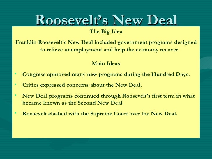 an overview of the components of roosevelts new deal During his first 100 days in office, president franklin d roosevelt proposed a set of programs called the new deal this lesson talks about. an overview of the components of roosevelts new deal During his first 100 days in office, president franklin d roosevelt proposed a set of programs called the new deal this lesson talks about.
