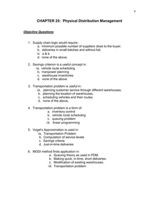 6
CHAPTER 25: Physical Distribution Management
Objective Questions
1. Supply chain logic would require:
a. minimum possible number of suppliers close to the buyer.
b. deliveries in small batches and without fail.
√c a & b
d. none of the above.
2. Savings criterion is a useful concept in:
√a. vehicle route scheduling
b. manpower planning
c. warehouse inventories
d. none of the above
3. Transportation problem is useful in:
√a. planning customer service through different warehouses.
b. planning the location of warehouses.
c. scheduling vehicles and their routes.
d. none of the above.
4. Transportation problem is a form of:
a. inventory control
b. vehicle route scheduling
c. queuing problem
√d. linear programming
5. Vogel’s Approximation is used in:
√a. Transportation Problem
b. Computation of service levels
c. Savings criteria
d. Just-in-time deliveries
6. MODI method finds application in:
a. Queuing theory as used in PDM.
b. Making quick, in-time, short deliveries.
c. Modification of existing warehouses.
√d. Transportation problem.
 