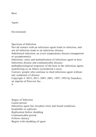Host
Agent
Environment
Spectrum of Infection
Not all contact with an infectious agent leads to infection, and
not all infection leads to an infectious disease.
Subclinical infection: no overt symptomatic disease (unapparent
or asymptomatic)
Infections: entry and multiplication of infectious agent in host
Infectious disease and communicable disease:
pathophysiological responses of the host to the infectious agent,
manifesting as an illness (considered a case)
Carriers: people who continue to shed infectious agent without
any symptoms of disease
Copyright © 2015, 2011, 2007, 2001, 1997, 1993 by Saunders,
an imprint of Elsevier Inc.
4
Stages of Infection
Latent period
Infectious agent has invaded a host and found conditions
hospitable to replicate
Replication before shedding
Communicable period
Follows latency
Begins with shedding of agent
 