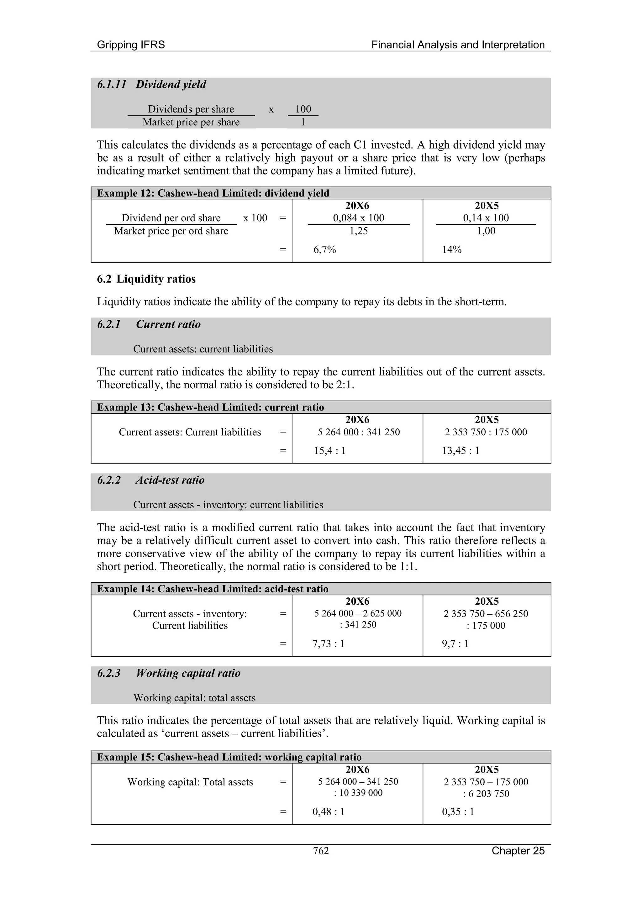 Gripping IFRS                                                              Financial Analysis and Interpretation


6.1.11 Dividend yield

           Dividends per share             x       100
          Market price per share                    1

This calculates the dividends as a percentage of each C1 invested. A high dividend yield may
be as a result of either a relatively high payout or a share price that is very low (perhaps
indicating market sentiment that the company has a limited future).
Example 12: Cashew-head Limited: dividend yield
                                                                  20X6                             20X5
    Dividend per ord share         x 100       =               0,084 x 100                      0,14 x 100
   Market price per ord share                                      1,25                            1,00
                                               =         6,7%                             14%

6.2 Liquidity ratios
Liquidity ratios indicate the ability of the company to repay its debts in the short-term.
6.2.1   Current ratio

        Current assets: current liabilities

The current ratio indicates the ability to repay the current liabilities out of the current assets.
Theoretically, the normal ratio is considered to be 2:1.
Example 13: Cashew-head Limited: current ratio
                                                                    20X6                             20X5
    Current assets: Current liabilities        =          5 264 000 : 341 250             2 353 750 : 175 000
                                               =         15,4 : 1                         13,45 : 1

6.2.2   Acid-test ratio

        Current assets - inventory: current liabilities

The acid-test ratio is a modified current ratio that takes into account the fact that inventory
may be a relatively difficult current asset to convert into cash. This ratio therefore reflects a
more conservative view of the ability of the company to repay its current liabilities within a
short period. Theoretically, the normal ratio is considered to be 1:1.
Example 14: Cashew-head Limited: acid-test ratio
                                                                    20X6                             20X5
        Current assets - inventory:            =         5 264 000 – 2 625 000            2 353 750 – 656 250
            Current liabilities                                : 341 250                       : 175 000
                                               =         7,73 : 1                         9,7 : 1

6.2.3   Working capital ratio

        Working capital: total assets

This ratio indicates the percentage of total assets that are relatively liquid. Working capital is
calculated as ‘current assets – current liabilities’.
Example 15: Cashew-head Limited: working capital ratio
                                                  20X6                                               20X5
     Working capital: Total assets =       5 264 000 – 341 250                            2 353 750 – 175 000
                                                               : 10 339 000                   : 6 203 750
                                               =         0,48 : 1                         0,35 : 1


                                                         762                                           Chapter 25
 