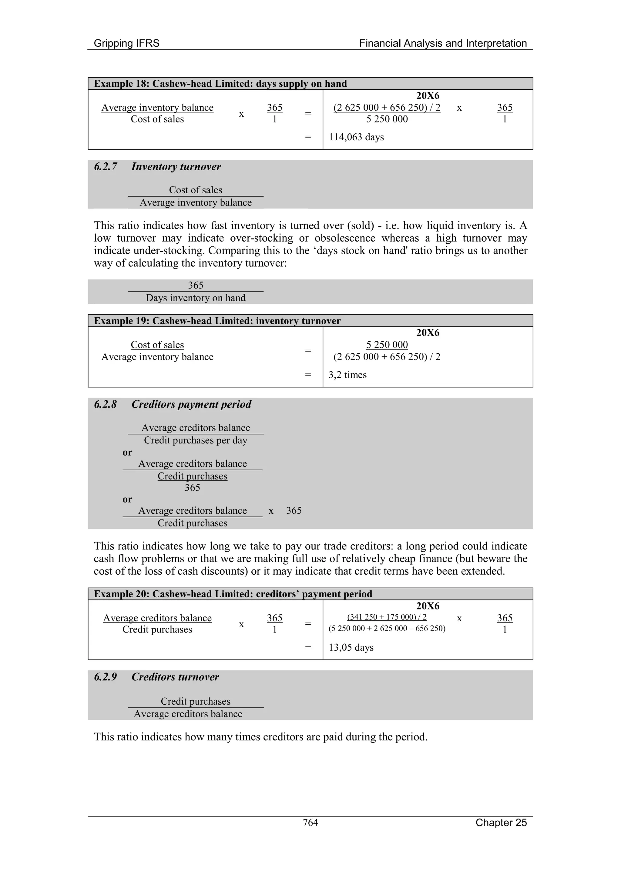 Gripping IFRS                                                       Financial Analysis and Interpretation


Example 18: Cashew-head Limited: days supply on hand
                                                                                20X6
 Average inventory balance                365                (2 625 000 + 656 250) / 2          x       365
                                     x                =
       Cost of sales                       1                         5 250 000                           1
                                                      =     114,063 days

6.2.7    Inventory turnover

                    Cost of sales
              Average inventory balance

This ratio indicates how fast inventory is turned over (sold) - i.e. how liquid inventory is. A
low turnover may indicate over-stocking or obsolescence whereas a high turnover may
indicate under-stocking. Comparing this to the ‘days stock on hand' ratio brings us to another
way of calculating the inventory turnover:
                        365
               Days inventory on hand

Example 19: Cashew-head Limited: inventory turnover
                                                                                20X6
       Cost of sales                                                 5 250 000
                                                      =
 Average inventory balance                                   (2 625 000 + 656 250) / 2
                                                      =     3,2 times

6.2.8    Creditors payment period

              Average creditors balance
              Credit purchases per day
        or
              Average creditors balance
                  Credit purchases
                        365
        or
              Average creditors balance   x     365
                  Credit purchases

This ratio indicates how long we take to pay our trade creditors: a long period could indicate
cash flow problems or that we are making full use of relatively cheap finance (but beware the
cost of the loss of cash discounts) or it may indicate that credit terms have been extended.
Example 20: Cashew-head Limited: creditors’ payment period
                                                                                    20X6
  Average creditors balance               365                    (341 250 + 175 000) / 2        x       365
                                     x                =     (5 250 000 + 2 625 000 – 656 250)
      Credit purchases                     1                                                             1
                                                      =     13,05 days

6.2.9    Creditors turnover

                  Credit purchases
             Average creditors balance

This ratio indicates how many times creditors are paid during the period.




                                                      764                                           Chapter 25
 