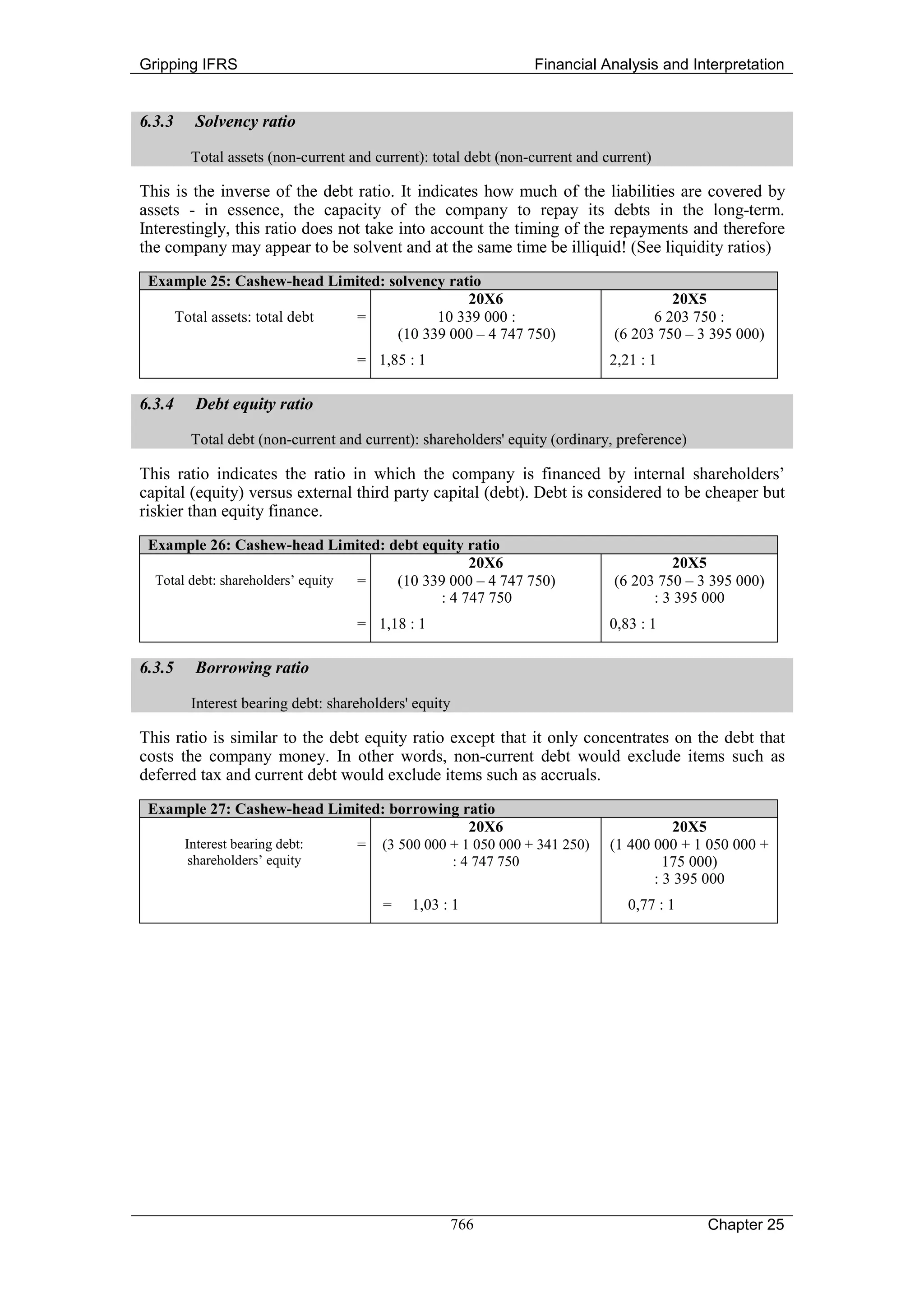 Gripping IFRS                                                   Financial Analysis and Interpretation


6.3.3   Solvency ratio

        Total assets (non-current and current): total debt (non-current and current)

This is the inverse of the debt ratio. It indicates how much of the liabilities are covered by
assets - in essence, the capacity of the company to repay its debts in the long-term.
Interestingly, this ratio does not take into account the timing of the repayments and therefore
the company may appear to be solvent and at the same time be illiquid! (See liquidity ratios)
 Example 25: Cashew-head Limited: solvency ratio
                                              20X6                                    20X5
    Total assets: total debt =           10 339 000 :                              6 203 750 :
                                   (10 339 000 – 4 747 750)                  (6 203 750 – 3 395 000)
                                   = 1,85 : 1                                2,21 : 1

6.3.4   Debt equity ratio

        Total debt (non-current and current): shareholders' equity (ordinary, preference)

This ratio indicates the ratio in which the company is financed by internal shareholders’
capital (equity) versus external third party capital (debt). Debt is considered to be cheaper but
riskier than equity finance.
 Example 26: Cashew-head Limited: debt equity ratio
                                                20X6                                  20X5
  Total debt: shareholders’ equity = (10 339 000 – 4 747 750)                (6 203 750 – 3 395 000)
                                           : 4 747 750                             : 3 395 000
                                   = 1,18 : 1                                0,83 : 1

6.3.5   Borrowing ratio

        Interest bearing debt: shareholders' equity

This ratio is similar to the debt equity ratio except that it only concentrates on the debt that
costs the company money. In other words, non-current debt would exclude items such as
deferred tax and current debt would exclude items such as accruals.
 Example 27: Cashew-head Limited: borrowing ratio
                                             20X6                                      20X5
     Interest bearing debt: = (3 500 000 + 1 050 000 + 341 250)              (1 400 000 + 1 050 000 +
      shareholders’ equity                : 4 747 750                                 175 000)
                                                                                    : 3 395 000
                                       =    1,03 : 1                            0,77 : 1




                                                  766                                       Chapter 25
 