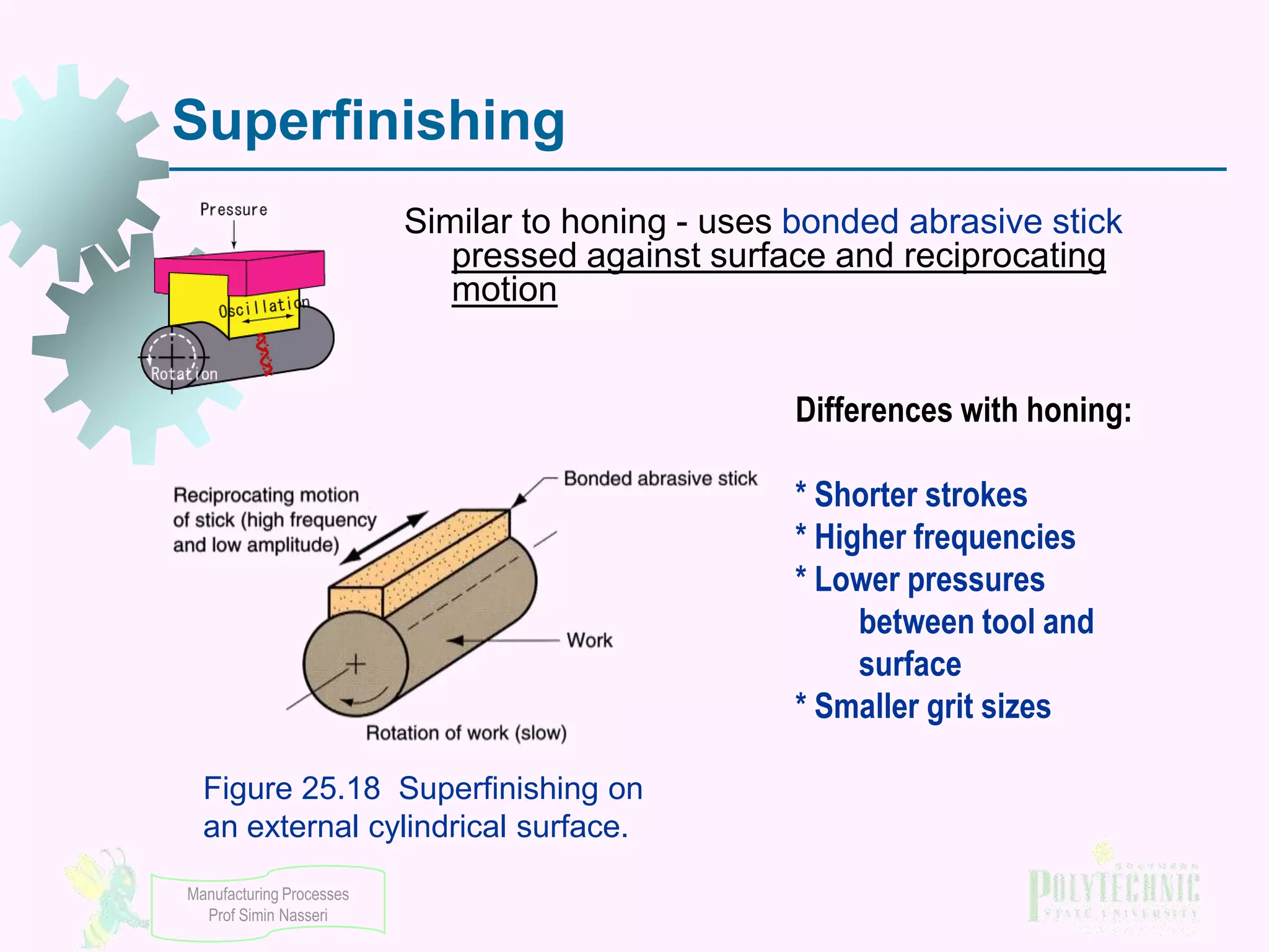 Superfinishing
Similar to honing - uses bonded abrasive stick
pressed against surface and reciprocating
motion
Differences with honing:
* Shorter strokes
* Higher frequencies
* Lower pressures
between tool and
surface
* Smaller grit sizes
Figure 25.18 Superfinishing on
an external cylindrical surface.
Manufacturing Processes
Prof Simin Nasseri

 