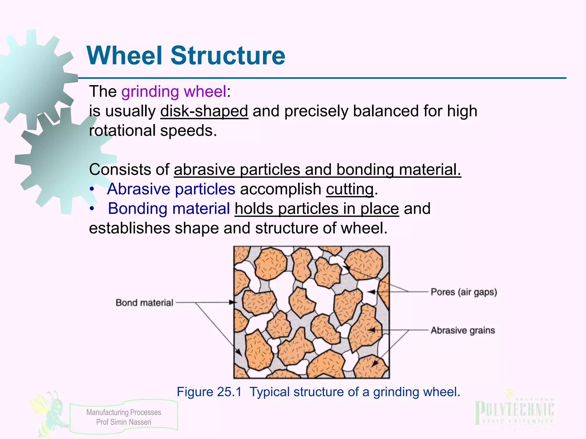 Wheel Structure
The grinding wheel:
is usually disk-shaped and precisely balanced for high
rotational speeds.
Consists of abrasive particles and bonding material.
• Abrasive particles accomplish cutting.
• Bonding material holds particles in place and
establishes shape and structure of wheel.

Figure 25.1 Typical structure of a grinding wheel.
Manufacturing Processes
Prof Simin Nasseri

 