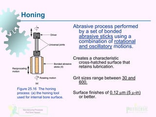 Honing
Abrasive process performed
by a set of bonded
abrasive sticks using a
combination of rotational
and oscillatory motions.
Creates a characteristic
cross-hatched surface that
retains lubrication.
Grit sizes range between 30 and
600.
Figure 25.16 The honing
process: (a) the honing tool
used for internal bore surface.

Manufacturing Processes
Prof Simin Nasseri

Surface finishes of 0.12 m (5 -in)
or better.

 