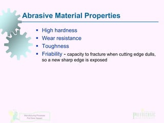 Abrasive Material Properties





High hardness
Wear resistance
Toughness
Friability - capacity to fracture when cutting edge dulls,
so a new sharp edge is exposed

Manufacturing Processes
Prof Simin Nasseri

 