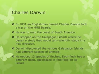 Charles Darwin

 In 1831 an Englishman named Charles Darwin took
  a trip on the HMS Beagle.
 He was to map the coast of South America.
 He stopped on the Galapagos Islands where he
  began a study that would turn scientific study in a
  new direction.
 Darwin discovered the various Galapagos Islands
  had different species of animals.
 He noticed 13 species of finches. Each finch had a
  different beak, specialized to find food on its
  island.
 
