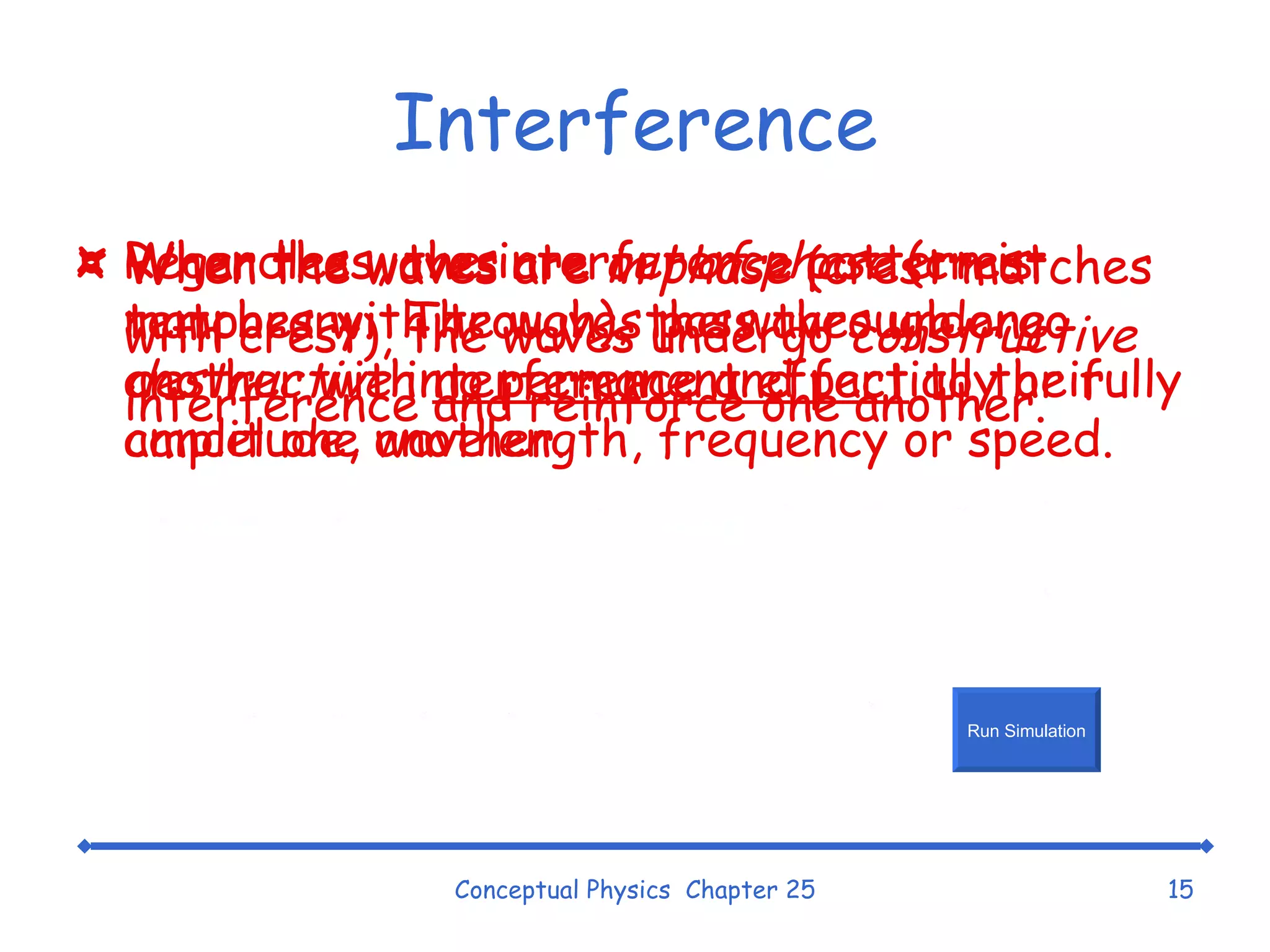 Interference When the waves are  in phase  (crest matches with crest), the waves undergo  constructive  interference and reinforce one another. Conceptual Physics  Chapter 25 When the waves are  out of phase  (crest matches with trough), the waves undergo  destructive  interference and partially or fully cancel one another. Regardless, the interference pattern is temporary.  The waves pass through one another with  no permanent effect  to their amplitude, wavelength, frequency or speed. Run Simulation 
