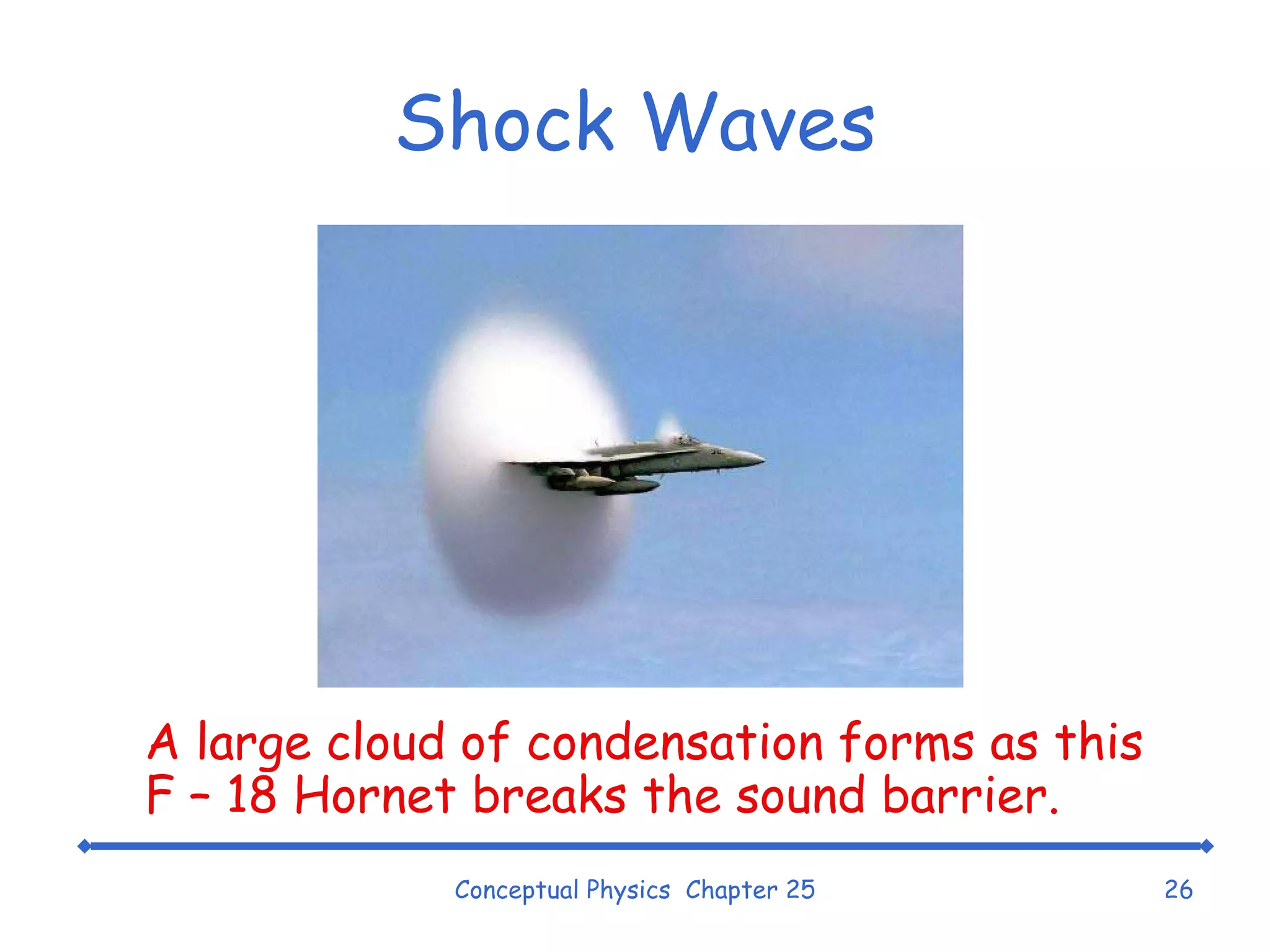 Shock Waves Conceptual Physics  Chapter 25 A large cloud of condensation forms as this F – 18 Hornet breaks the sound barrier. 