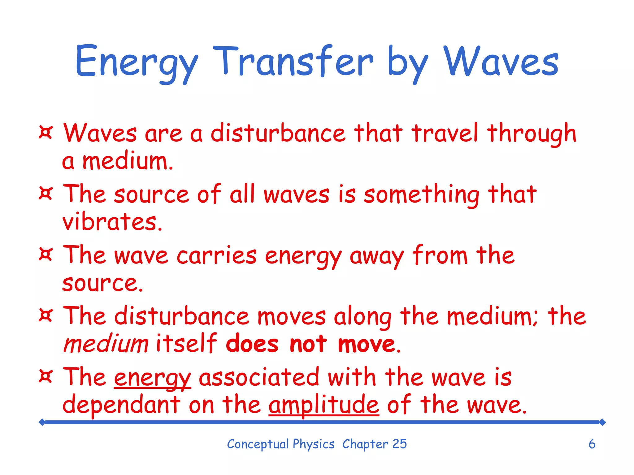 Energy Transfer by Waves Waves are a disturbance that travel through a medium. The source of all waves is something that vibrates. The wave carries energy away from the source. The disturbance moves along the medium; the  medium  itself  does not move . The  energy  associated with the wave is dependant on the  amplitude  of the wave. Conceptual Physics  Chapter 25 
