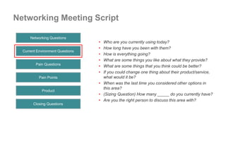 Networking Meeting Script
• Who are you currently using today?
• How long have you been with them?
• How is everything goi...