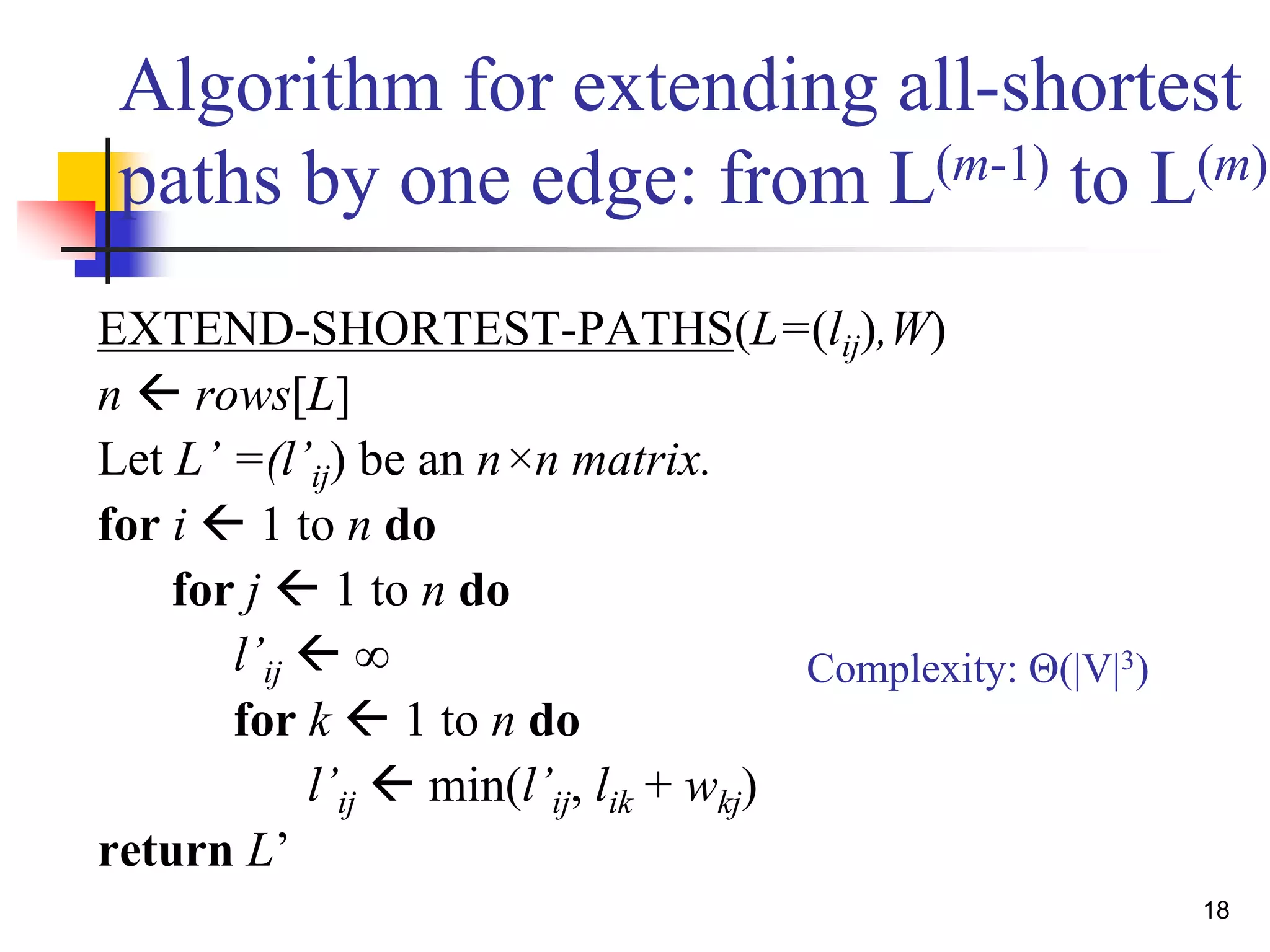 18
Algorithm for extending all-shortest
paths by one edge: from L(m-1) to L(m)
EXTEND-SHORTEST-PATHS(L=(lij),W)
n  rows[L]
Let L’ =(l’ij) be an n×n matrix.
for i  1 to n do
for j  1 to n do
l’ij  ∞
for k  1 to n do
l’ij  min(l’ij, lik + wkj)
return L’
Complexity: Θ(|V|3)
 