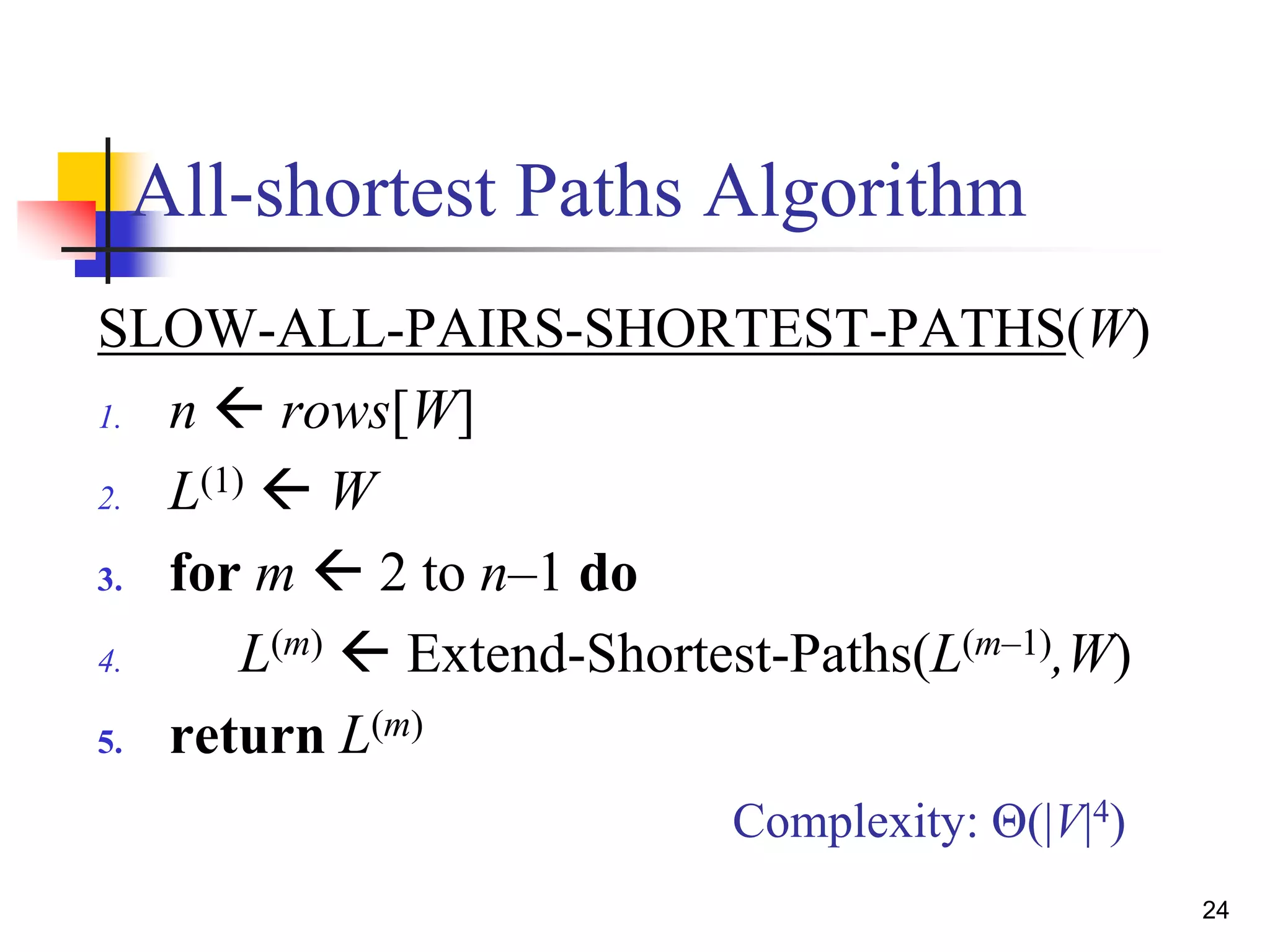 24
All-shortest Paths Algorithm
SLOW-ALL-PAIRS-SHORTEST-PATHS(W)
1. n  rows[W]
2. L(1)  W
3. for m  2 to n–1 do
4. L(m)  Extend-Shortest-Paths(L(m–1),W)
5. return L(m)
Complexity: Θ(|V|4)
 
