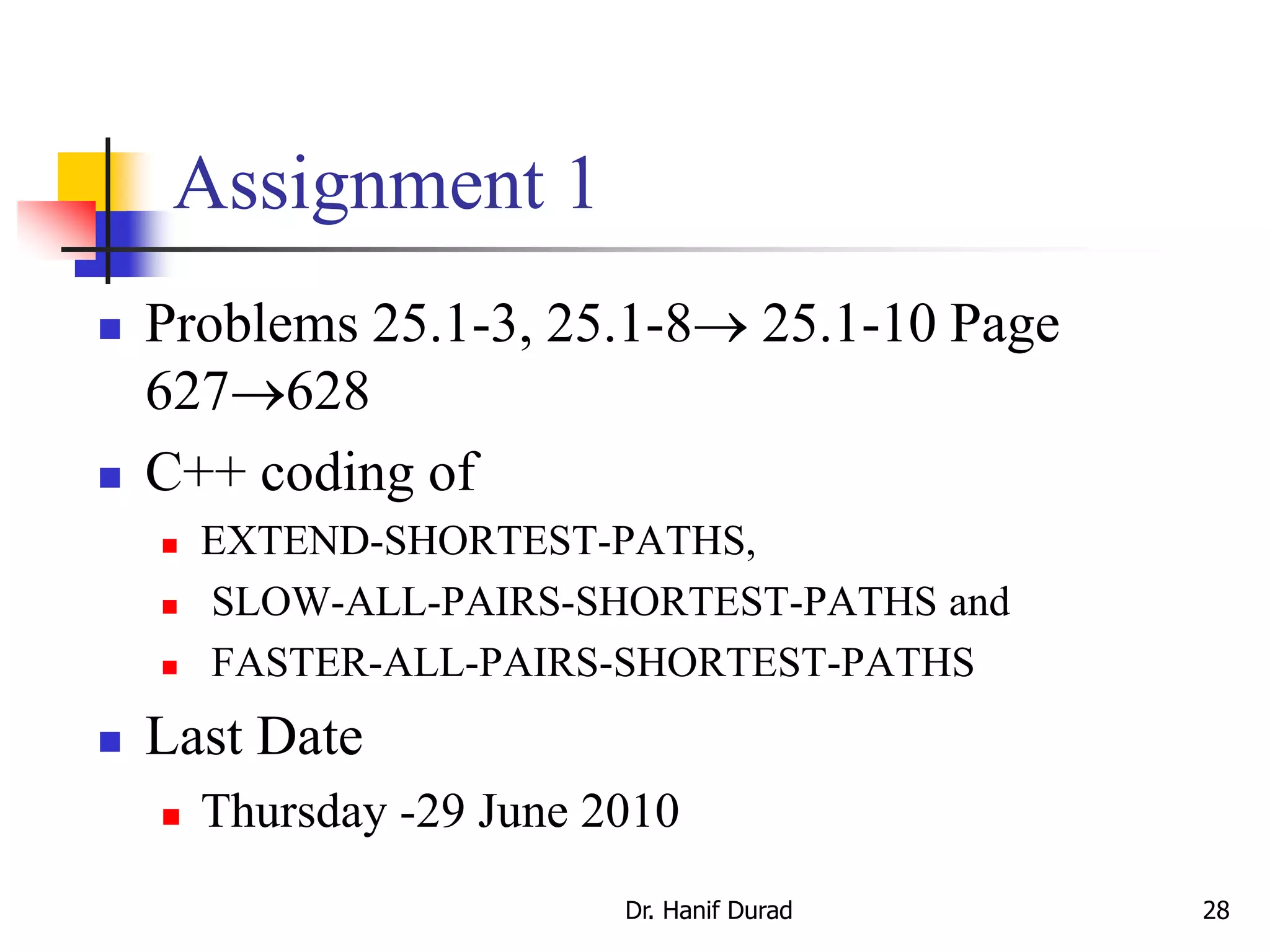 Assignment 1
 Problems 25.1-3, 25.1-8 25.1-10 Page
627628
 C++ coding of
 EXTEND-SHORTEST-PATHS,
 SLOW-ALL-PAIRS-SHORTEST-PATHS and
 FASTER-ALL-PAIRS-SHORTEST-PATHS
 Last Date
 Thursday -29 June 2010
Dr. Hanif Durad 28
 