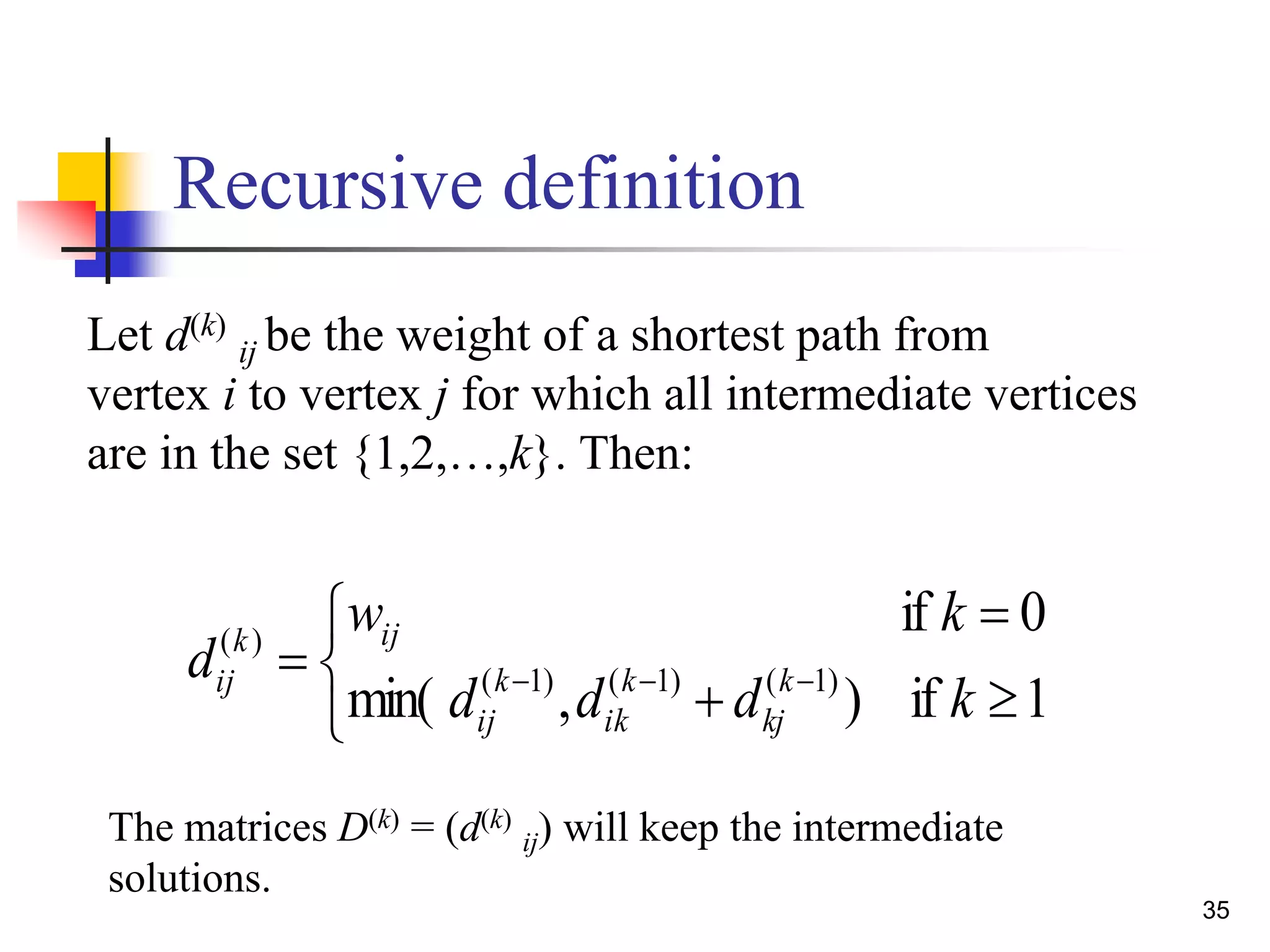 35
Recursive definition





 
1if),min(
0if
)1()1()1(
)(
kddd
kw
d k
kj
k
ik
k
ij
ijk
ij
Let d(k)
ij be the weight of a shortest path from
vertex i to vertex j for which all intermediate vertices
are in the set {1,2,…,k}. Then:
The matrices D(k) = (d(k)
ij) will keep the intermediate
solutions.
 