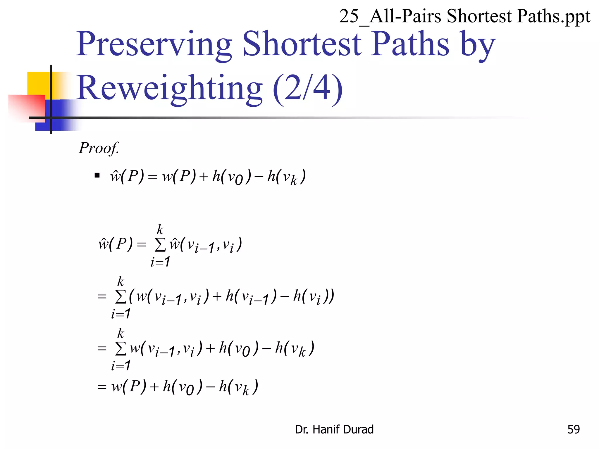 Proof.
 ( ) ( ) ( ) ( )w P w P h v h vk  0
( ) ( , )
( ( , ) ( ) ( ))
( , ) ( ) ( )
( ) ( ) ( )
w P w v v
w v v h v h v
w v v h v h v
w P h v h v
i i
i
k
i i
i
k
i i
i i
i
k
k
k
 
   
   
  







1
1
1
1
1
1
1
0
0
Preserving Shortest Paths by
Reweighting (2/4)
25_All-Pairs Shortest Paths.ppt
Dr. Hanif Durad 59
 