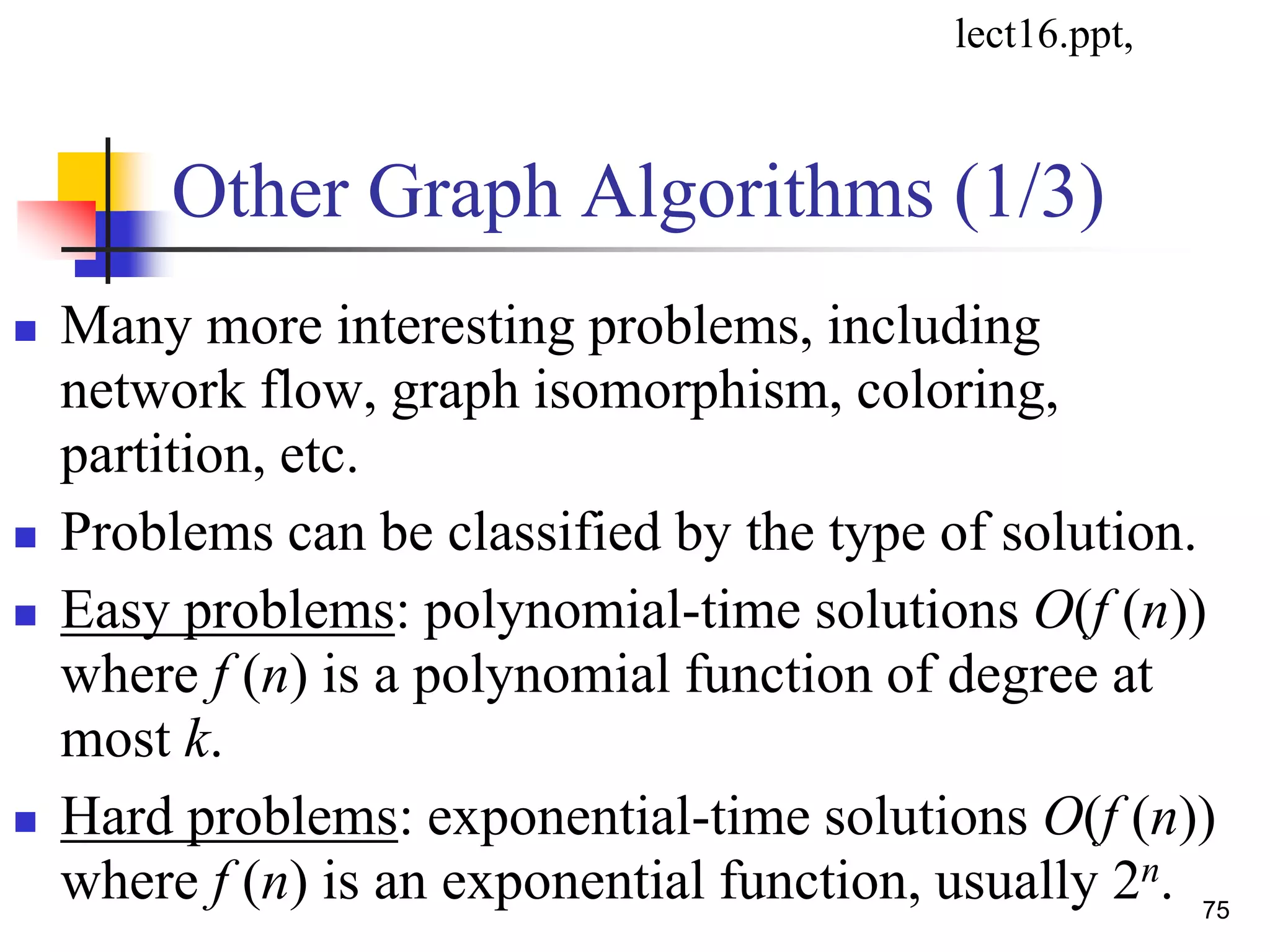 75
Other Graph Algorithms (1/3)
 Many more interesting problems, including
network flow, graph isomorphism, coloring,
partition, etc.
 Problems can be classified by the type of solution.
 Easy problems: polynomial-time solutions O(f (n))
where f (n) is a polynomial function of degree at
most k.
 Hard problems: exponential-time solutions O(f (n))
where f (n) is an exponential function, usually 2n.
lect16.ppt,
 
