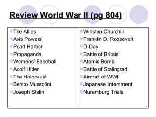 Review World War II (pg 804) The Allies Axis Powers Pearl Harbor Propaganda Womens’ Baseball Adolf Hitler The Holocaust Benito Mussolini Joseph Stalin Winston Churchill Franklin D. Roosevelt D-Day Battle of Britain Atomic Bomb Battle of Stalingrad Aircraft of WWII Japanese Internment Nuremburg Trials 
