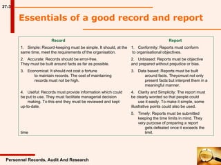 27-3 Essentials of a good record and report Personnel Records, Audit And Research Record    Report 1. Simple: Record-keeping must be simple. It should, at the  1. Conformity: Reports must conform  same time, meet the requirements of the organisation.  to organisational objectives. 2. Accurate: Records should be error-free.  2. Unbiased: Reports must be objective They must be built around facts as far as possible. and prepared without prejudice or bias. 3. Economical: It should not cost a fortune  3. Data based: Reports must be built  to maintain records. The cost of maintaining  around facts. Theycmust not only  records must not be high. present facts but interpret them in a  meaningful manner. 4. Useful: Records must provide information which could 4. Clarity and Simplicity: The report must be put to use. They must facilitate managerial decision  be clearly worded so that people could   making. To this end they must be reviewed and kept  use it easily. To make it simple, some  up-to-date. illustrative points could also be used. 5. Timely: Reports must be submitted  keeping the time limits in mind. They  very purpose of preparing a report  gets defeated once it exceeds the time  limit. 