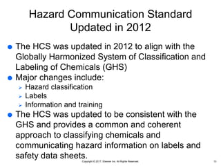 Copyright © 2017, Elsevier Inc. All Rights Reserved.
Hazard Communication Standard
Updated in 2012
 The HCS was updated in 2012 to align with the
Globally Harmonized System of Classification and
Labeling of Chemicals (GHS)
 Major changes include:
 Hazard classification
 Labels
 Information and training
 The HCS was updated to be consistent with the
GHS and provides a common and coherent
approach to classifying chemicals and
communicating hazard information on labels and
safety data sheets. 13
 