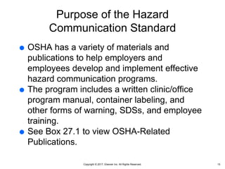 Copyright © 2017, Elsevier Inc. All Rights Reserved.
Purpose of the Hazard
Communication Standard
 OSHA has a variety of materials and
publications to help employers and
employees develop and implement effective
hazard communication programs.
 The program includes a written clinic/office
program manual, container labeling, and
other forms of warning, SDSs, and employee
training.
 See Box 27.1 to view OSHA-Related
Publications.
15
 