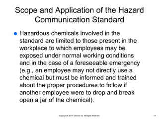 Copyright © 2017, Elsevier Inc. All Rights Reserved.
Scope and Application of the Hazard
Communication Standard
 Hazardous chemicals involved in the
standard are limited to those present in the
workplace to which employees may be
exposed under normal working conditions
and in the case of a foreseeable emergency
(e.g., an employee may not directly use a
chemical but must be informed and trained
about the proper procedures to follow if
another employee were to drop and break
open a jar of the chemical).
17
 