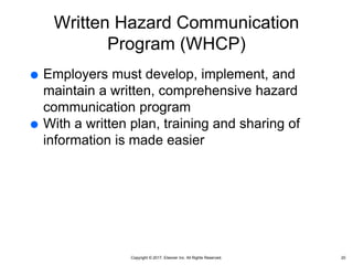 Copyright © 2017, Elsevier Inc. All Rights Reserved.
Written Hazard Communication
Program (WHCP)
 Employers must develop, implement, and
maintain a written, comprehensive hazard
communication program
 With a written plan, training and sharing of
information is made easier
20
 