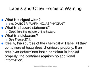 Copyright © 2017, Elsevier Inc. All Rights Reserved.
 What is a signal word?
 e.g. DANGER, WARNING, ASPHYXIANT
 What is a hazard statement?
 Describes the nature of the hazard
 What is a pictogram?
 See Figure 27.1.
 Ideally, the sources of the chemical will label all their
containers of hazardous chemicals properly. If an
employer determines that a container is labeled
properly, the container requires no additional
information.
28
Labels and Other Forms of Warning
 