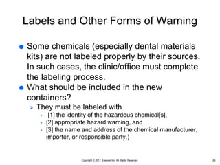 Copyright © 2017, Elsevier Inc. All Rights Reserved.
Labels and Other Forms of Warning
 Some chemicals (especially dental materials
kits) are not labeled properly by their sources.
In such cases, the clinic/office must complete
the labeling process.
 What should be included in the new
containers?
 They must be labeled with
• [1] the identity of the hazardous chemical[s],
• [2] appropriate hazard warning, and
• [3] the name and address of the chemical manufacturer,
importer, or responsible party.)
29
 