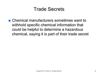 Copyright © 2017, Elsevier Inc. All Rights Reserved.
Trade Secrets
 Chemical manufacturers sometimes want to
withhold specific chemical information that
could be helpful to determine a hazardous
chemical, saying it is part of their trade secret
35
 