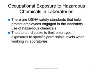 Copyright © 2017, Elsevier Inc. All Rights Reserved.
Occupational Exposure to Hazardous
Chemicals in Laboratories
 There are OSHA safety standards that help
protect employees engaged in the laboratory
use of hazardous chemicals
 The standard seeks to limit employee
exposures to specific permissible levels when
working in laboratories
40
 